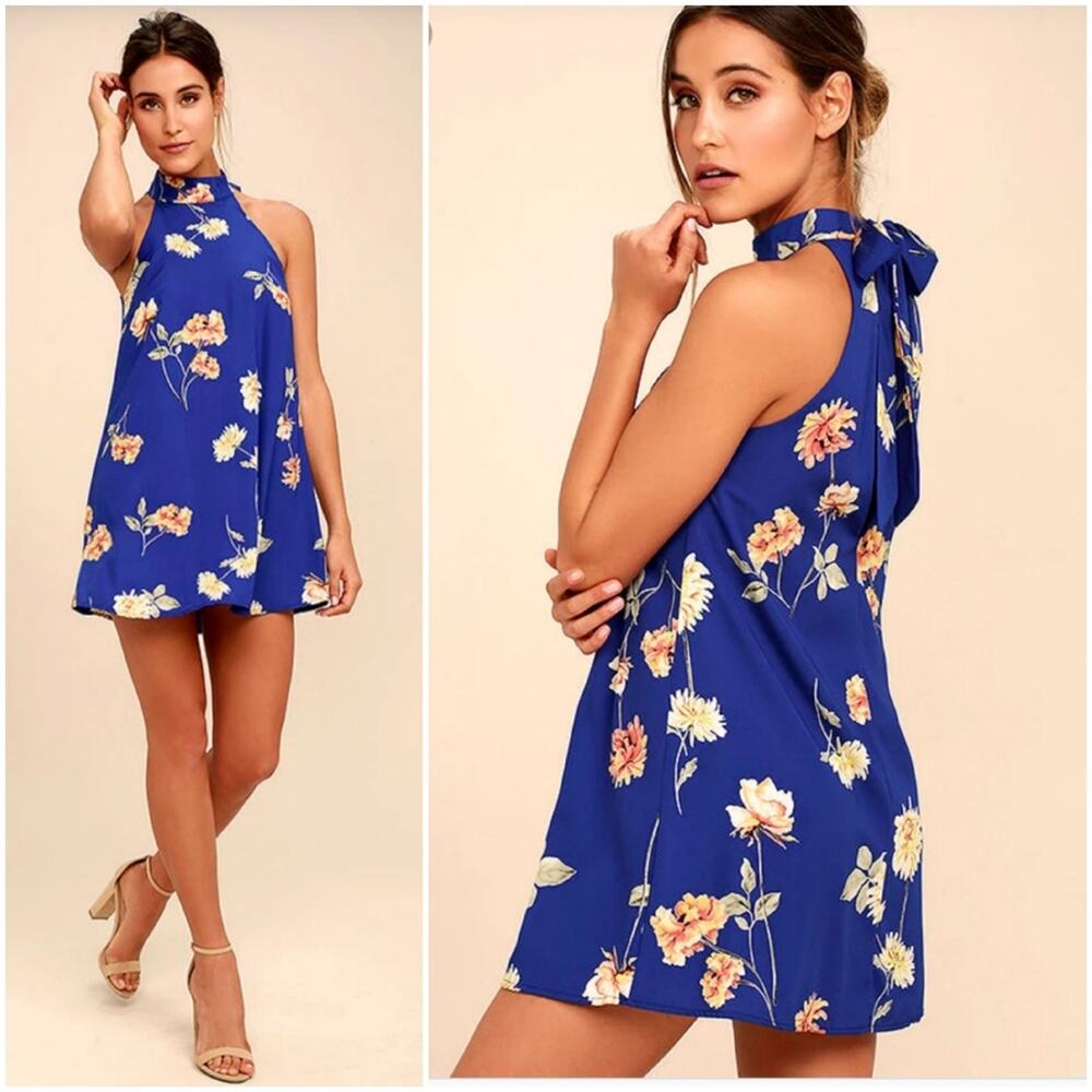 NWT Lulu's Darling Dearest Floral Print Royal Blue Swing Dress Size XS